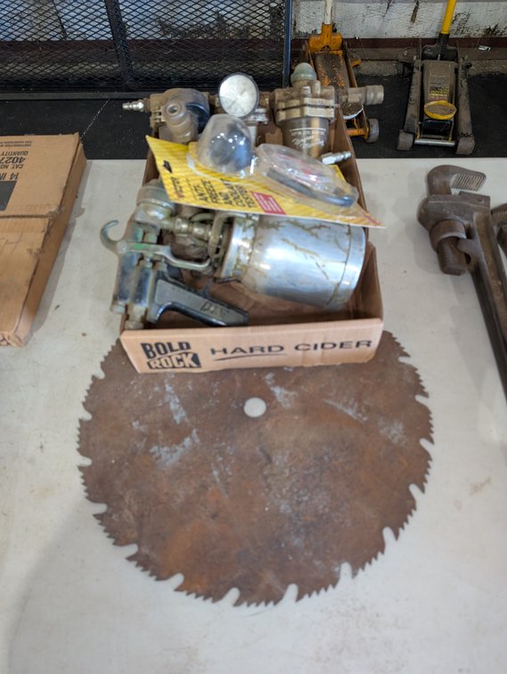 Large Buzz Saw Blade, Spray Gun & Air Line Filter Lot