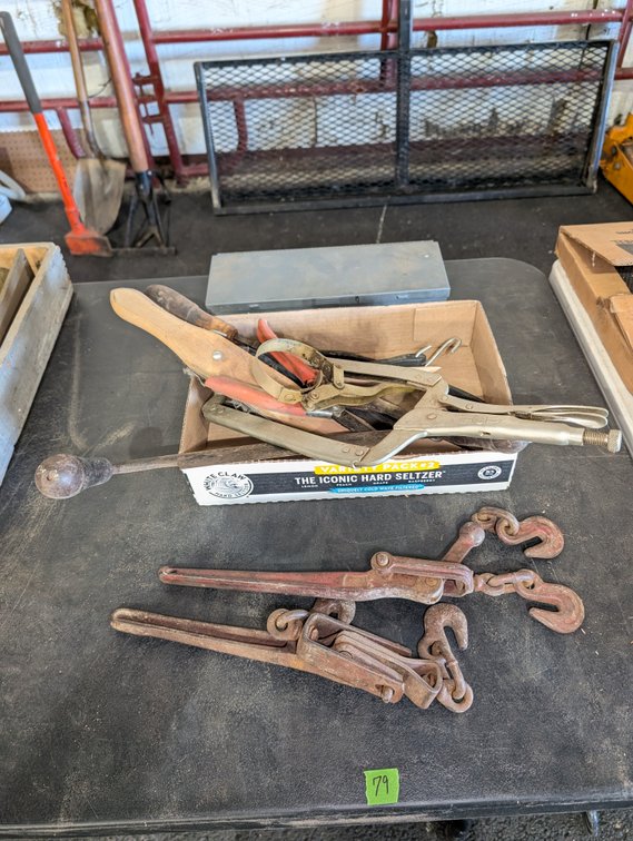 Box Lot of Hand Tools (Vise-Grips, Pliers) & Heavy Chain Load Binders