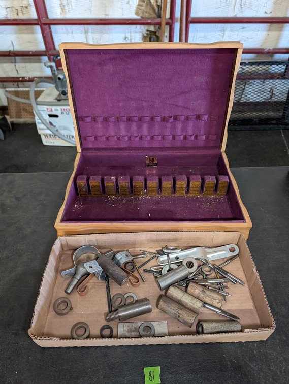 Flat Box of Hardware, Taps & Drill Bits with Wooden Flatware Storage Case