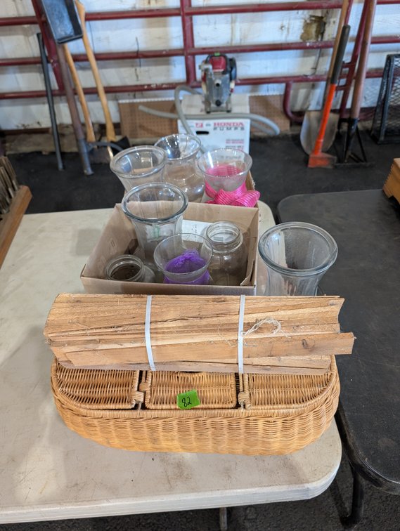 Wicker Picnic Basket with Bundle of Kindling & Assorted Glass Vases