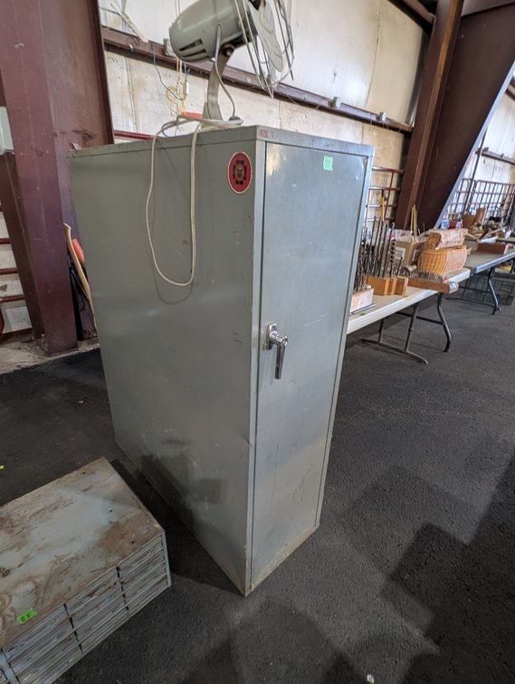 Tall Industrial Grey Metal Storage Cabinet / Locker with Top Desk Fan