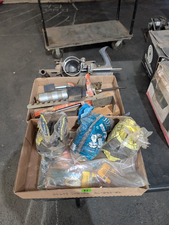 Flat Box Lot of Caulking Guns, Hand Tools, Steel Wool & Electrical Accessories
