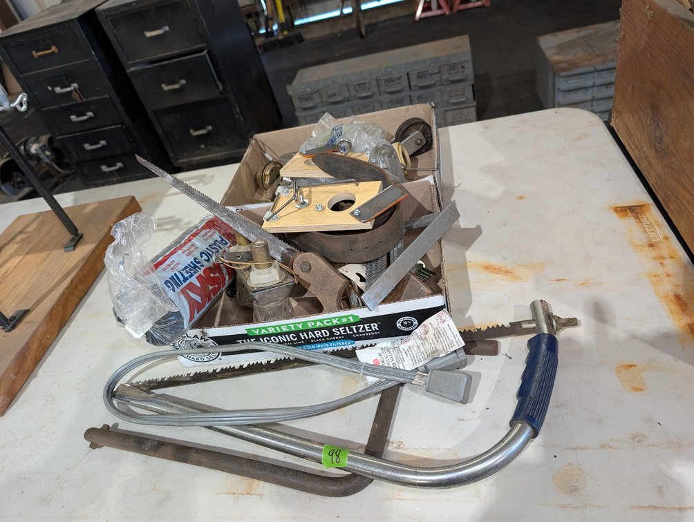 Box Lot of Hand Saws, Hacksaws, Cable & Miscellaneous Hardware