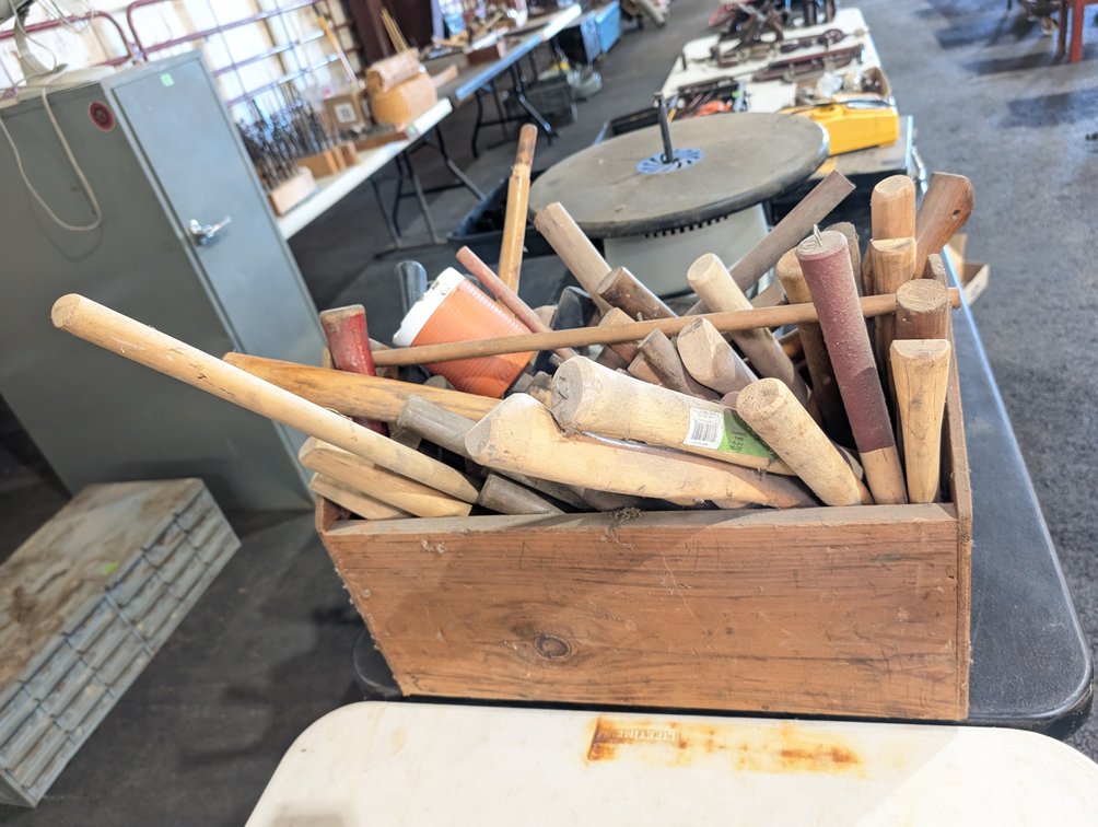 Wooden Crate Filled with Wooden Tool Handles & Mallets