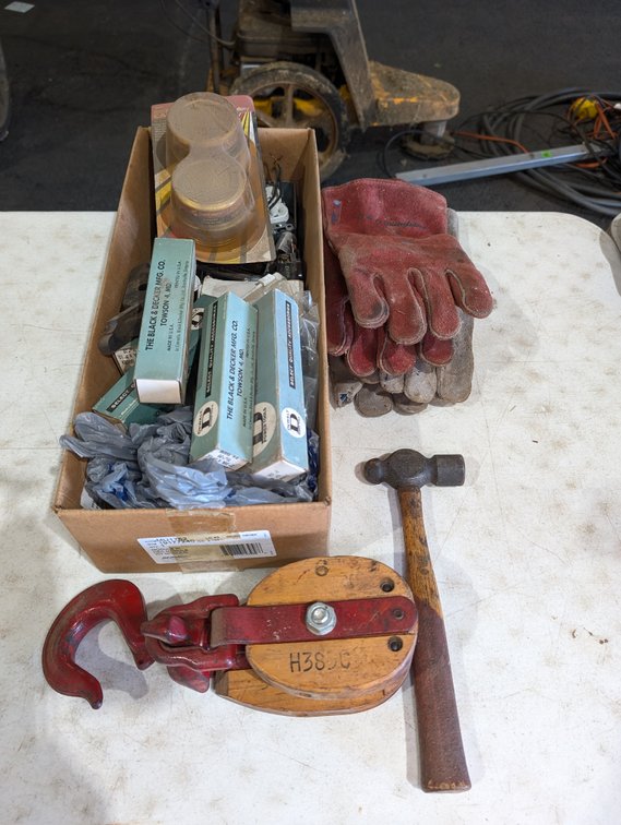Box Lot of Black & Decker Accessories, Work Gloves, Ball-Peen Hammer & Wooden Snatch Block