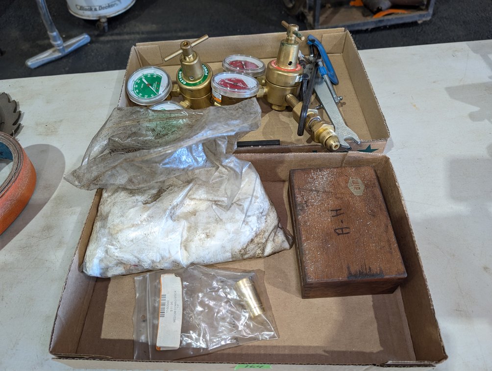 Flat Box Lot of Oxy-Acetylene Gauges, Regulators & Wooden Index Box