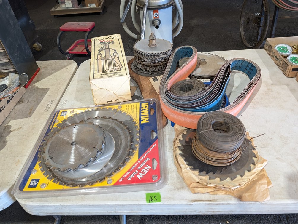 Large Lot of Circular Saw Blades, Sanding Belts & Victor Mole Trap in Box