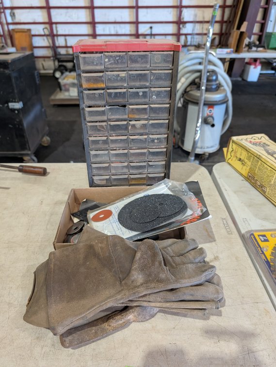 Multi-Drawer Metal Parts Cabinet with Grinding Discs & Leather Work Gloves Lot