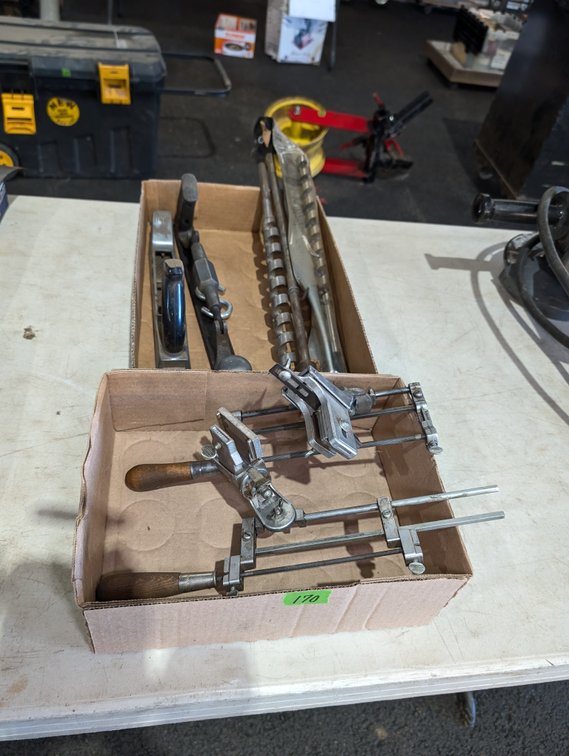 Box Lot of Vintage Hand Planes, Auger Bits & Corner Clamps