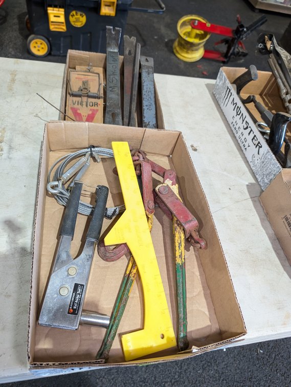 Flat Box Lot of Pry Bars, Wire Cable, Wall Anchor Tool & Victor Mouse Traps