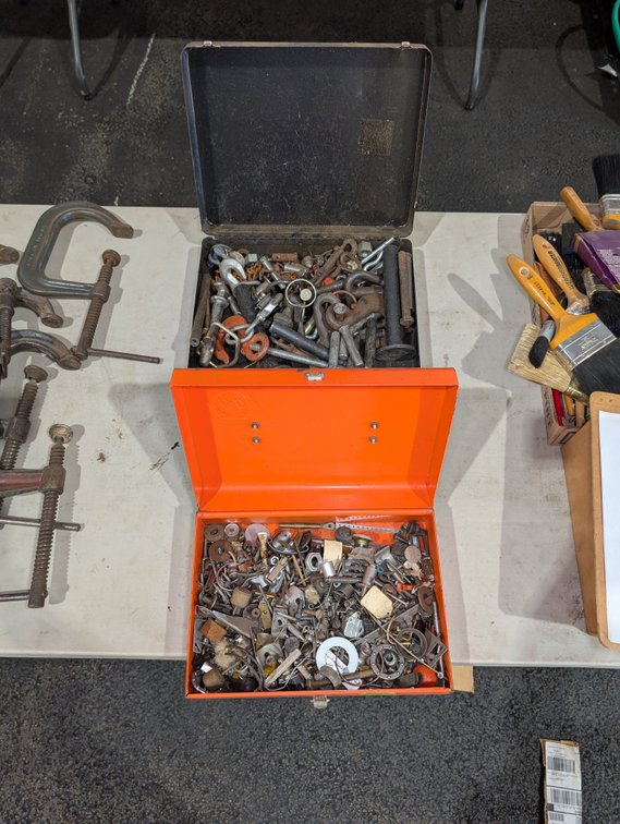 Two Metal Toolboxes Filled with Assorted Hardware, Bolts & Fasteners