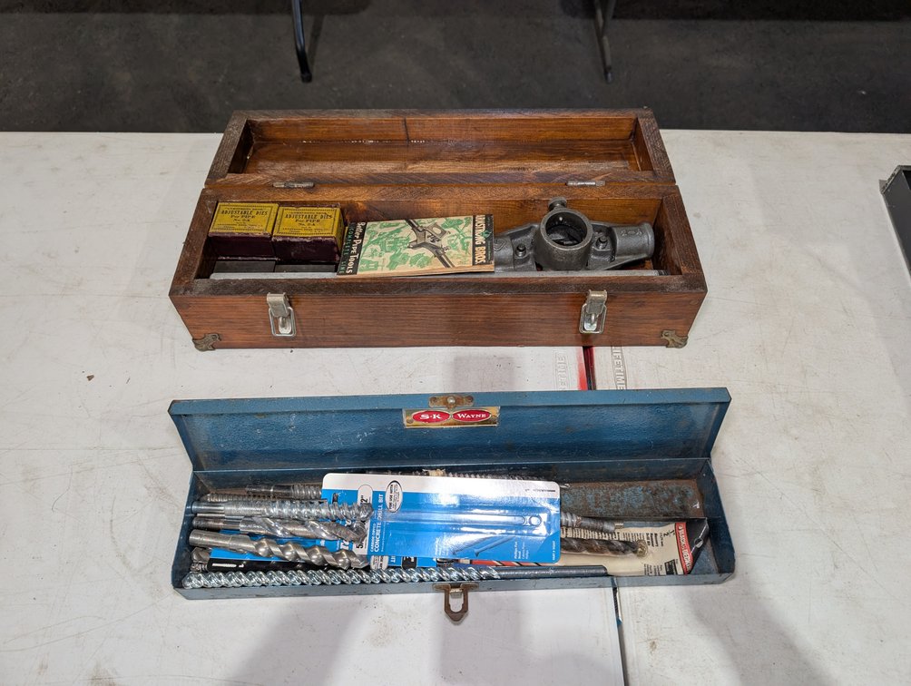 Vintage Wooden Boxed Armstrong Pipe Die Set & S-K Wayne Metal Box with Drill Bits