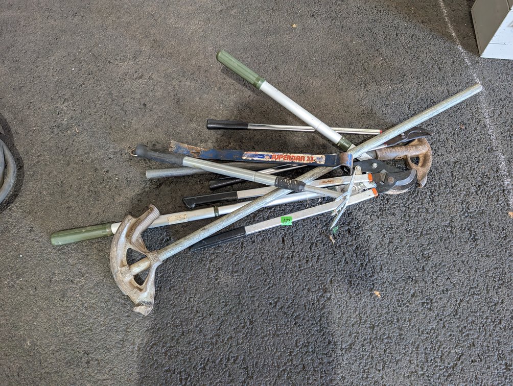 Assorted Long Hand Tools Lot incl. Conduit Benders, Pry Bars & Loppers