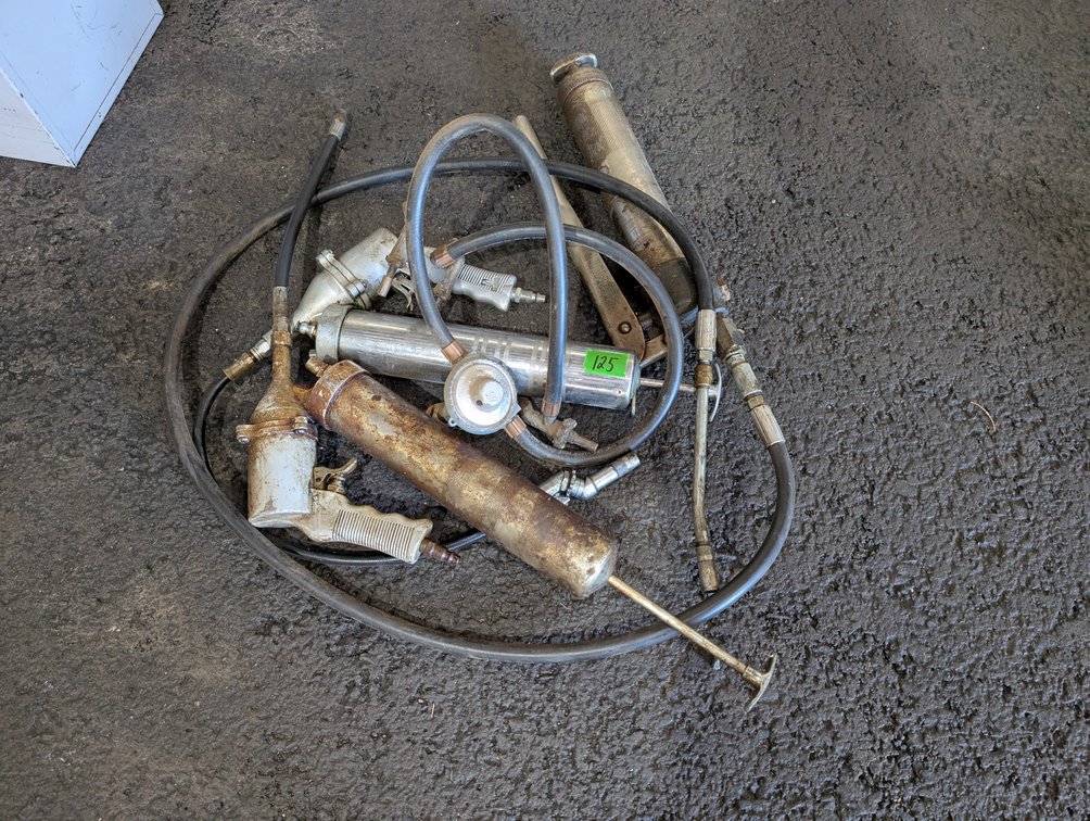 Lot of Assorted Grease Guns, Nozzles & Pressure Hoses