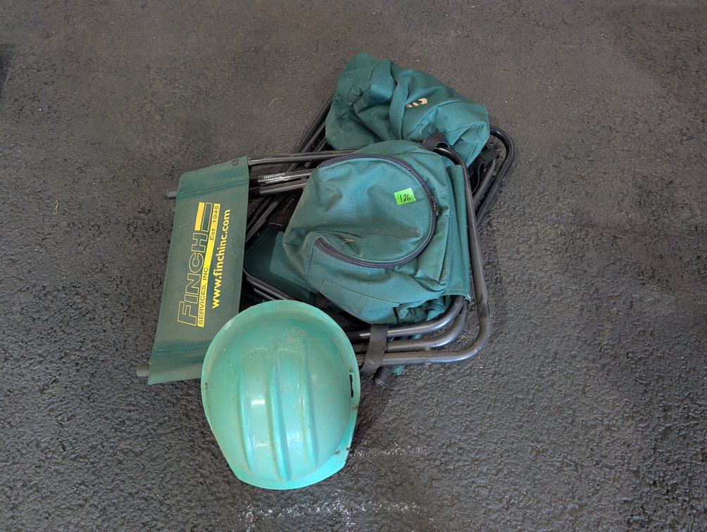 Folding Camp Chair, Travel Seat Bags & Hard Hat Lot