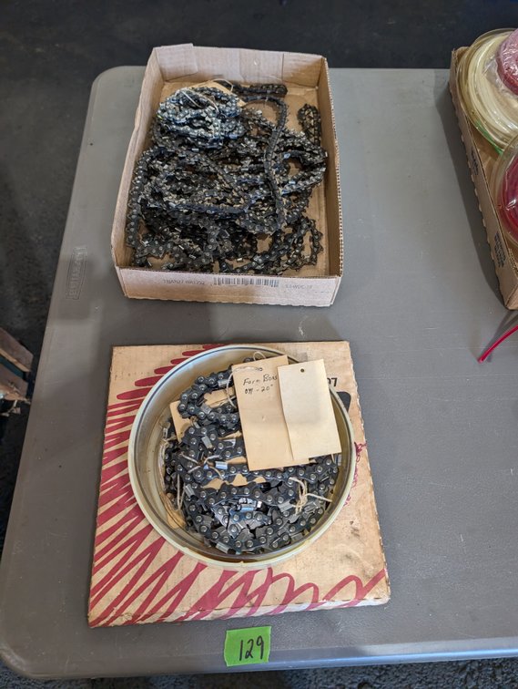 Box & Tin Lot of Assorted Chainsaw Replacement Chains