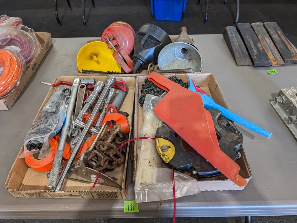 Flat Box Lots of Assorted Hand Tools, Funnels, Chains & Cable Ties