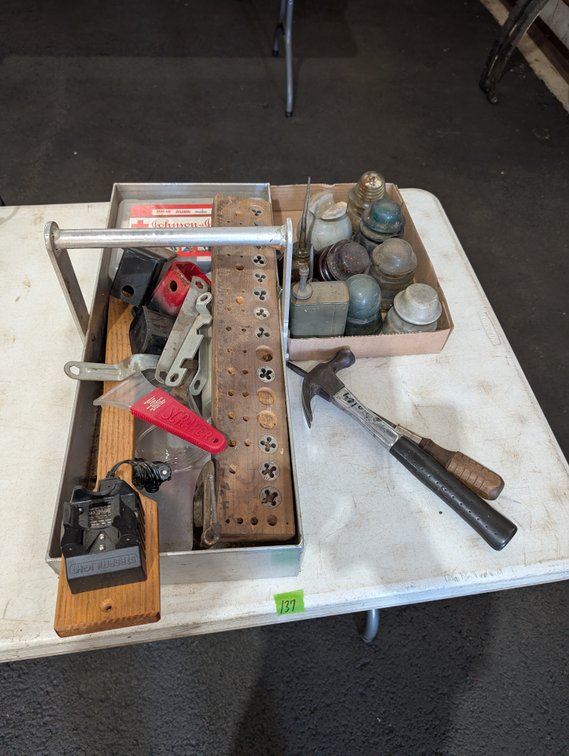 Metal Tool Tote Caddy with Glass Insulators, Wooden Die Block & Hammers