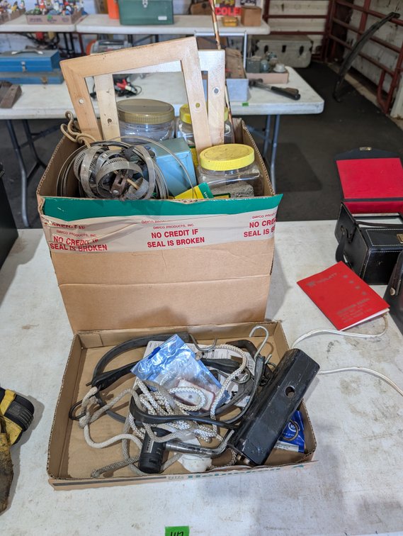 Two Box Lots of Assorted Hardware, Jars, Clamps, Rope & Hitch Receivers