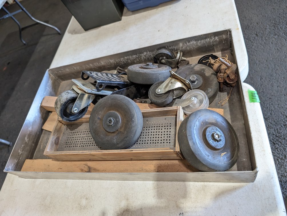 Flat Metal Tray Lot of Assorted Heavy Duty Swivel Casters & Rubber Wheels