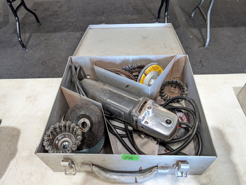 Electric Angle Grinder in Metal Storage Case with Wire Wheels & Discs