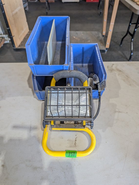 Portable Halogen Work Light with Pair of Blue Plastic Stacking Bins