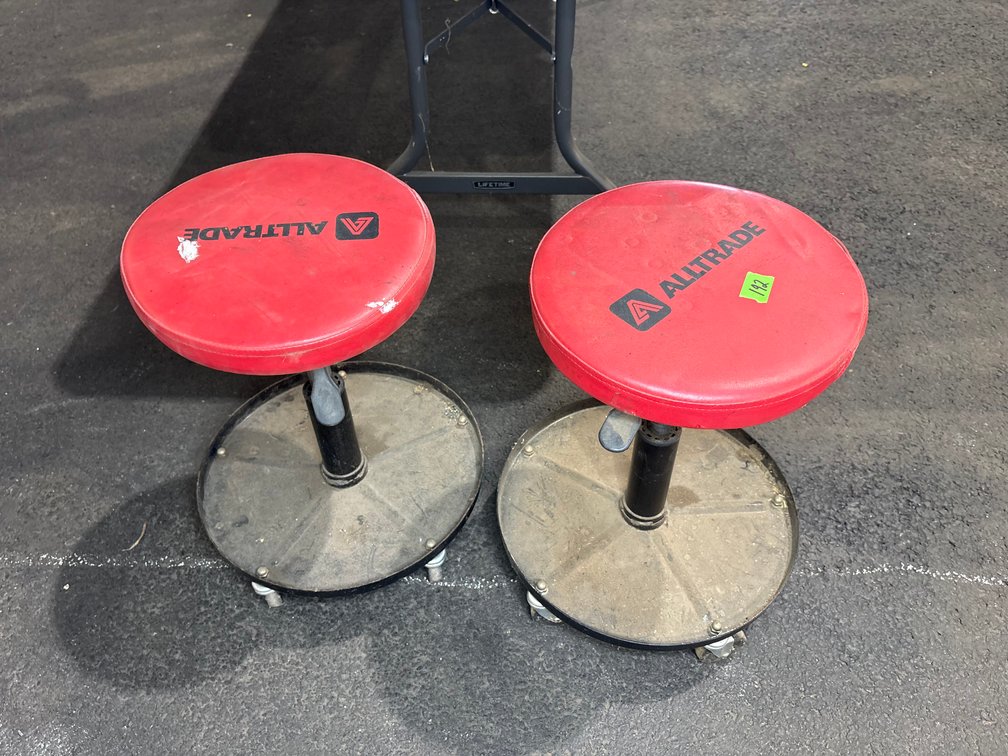 Pair of Alltrade Heavy Duty Adjustable Rolling Mechanic Shop Stools