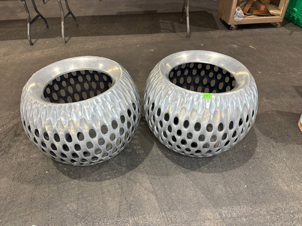 Pair of Cast Aluminum Perforated Globe Garden Planters / Urns