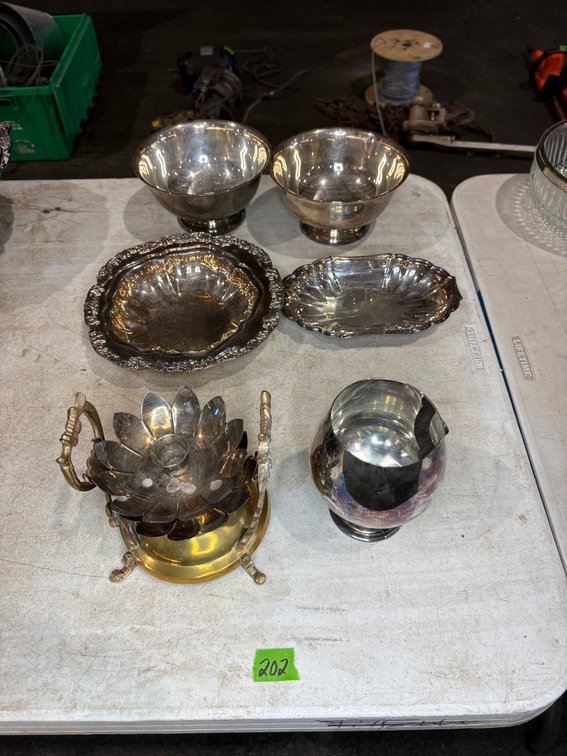 Collection of Silver Plated Serving Bowls, Dishware & Brass Candelabra Base