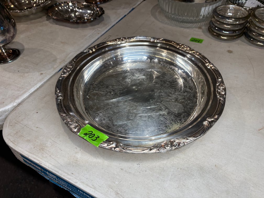 Large Silver Plated Round Serving Tray with Embossed Scroll Pattern