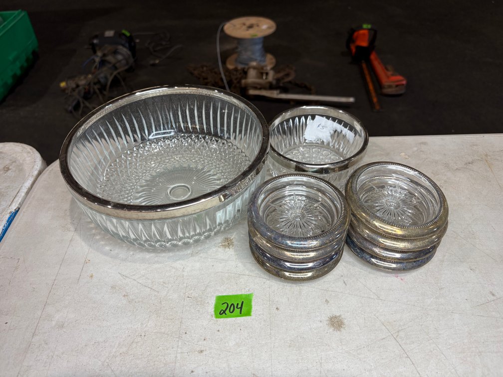 Silver Trimmed Cut Glass Serving Bowl, Small Bowl & Coaster Sets