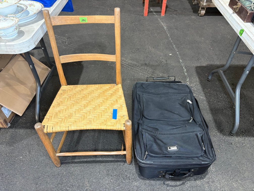 Vintage Woven Rattan Seat Wooden Chair & Ciao Black Rolling Suitcase