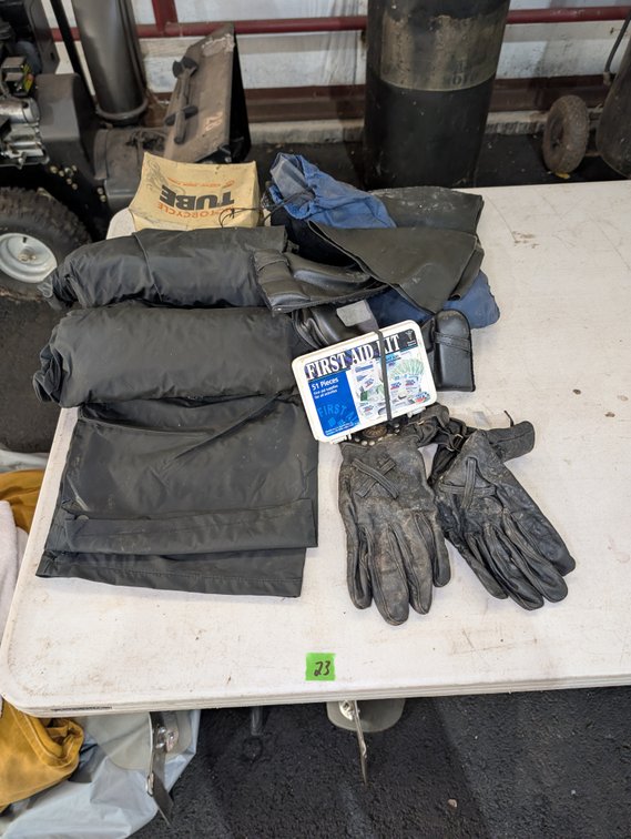 Riding Gear Lot - Leather Gloves, Gear Bags, Tube & First Aid Kit