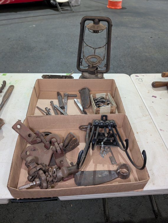 Vintage Oil Lantern, Blacksmith Hooks, Cold Chisels, and Hardware Lot