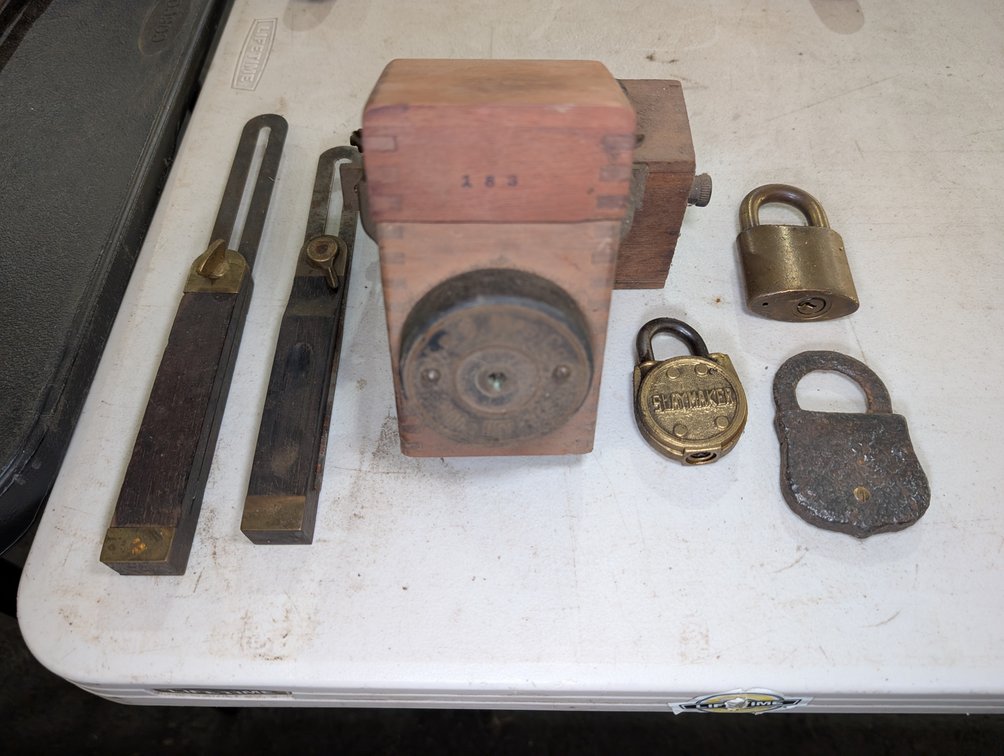 Vintage Wooden Bevel Gauges, Slaymaker Padlocks, 2 Wooden Coil Boxes