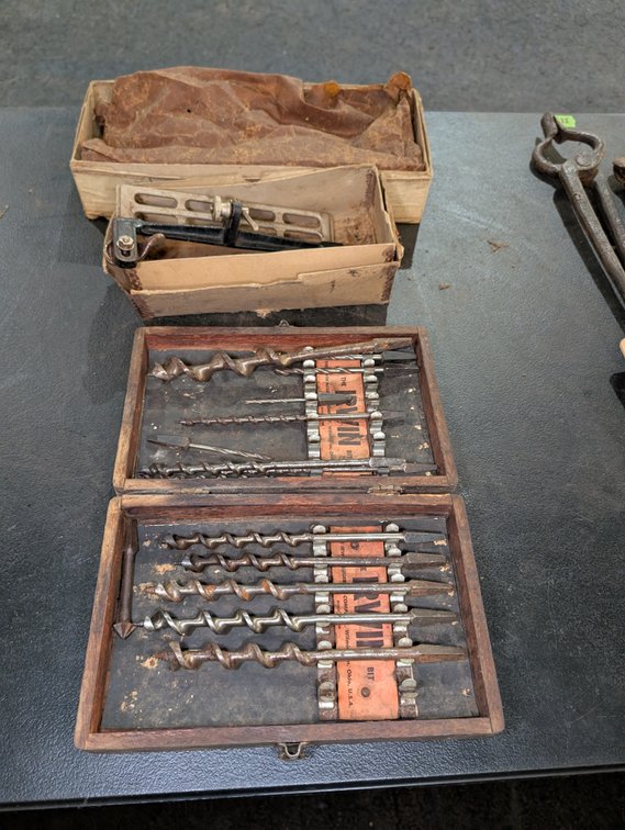 Vintage Irwin Wood Auger Bit Set in Original Fitted Wooden Box & Plane Gauge