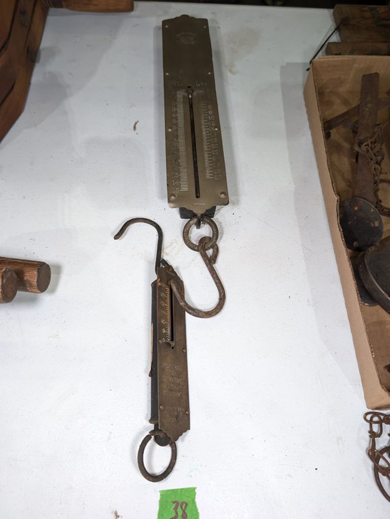 Pair of Antique Brass Hanging Spring Scales / Hanging Balances
