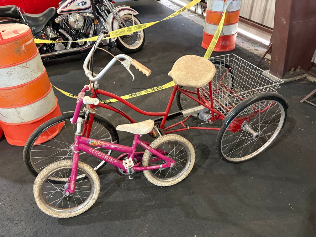 Adult Red Cargo Tricycle & Pink Quest Kids Bicycle