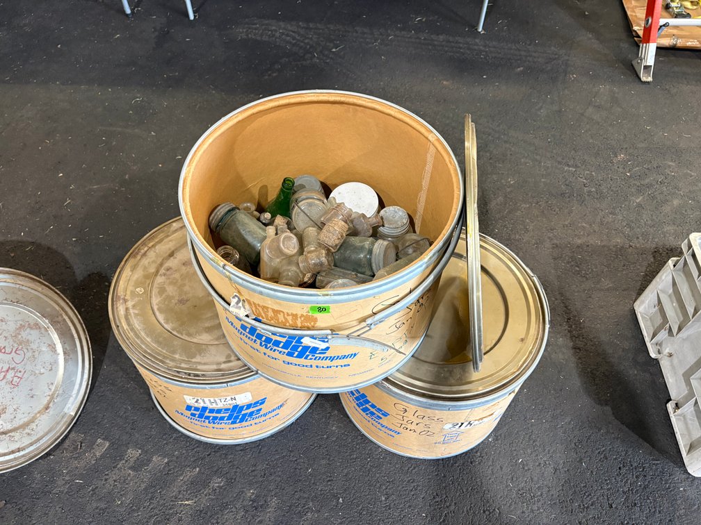 Phelps Dodge Fiber Drums with Assorted Glass Jars & Bottles
