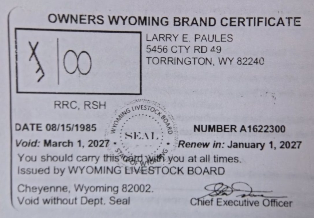 SELLING WYOMING CATTLE / HORSE BRAND