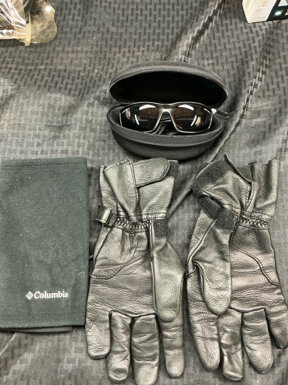 Leather motorcycle gloves, sunglasses w/ case, neck wrap