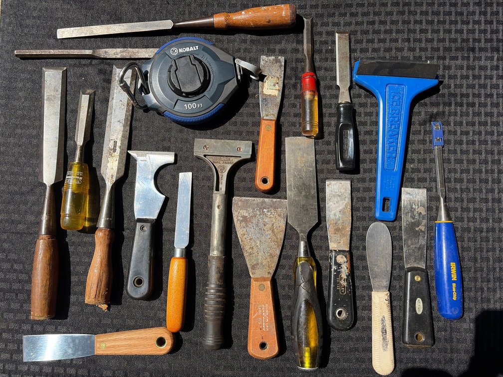 Various Scrapers & 100ft Tape