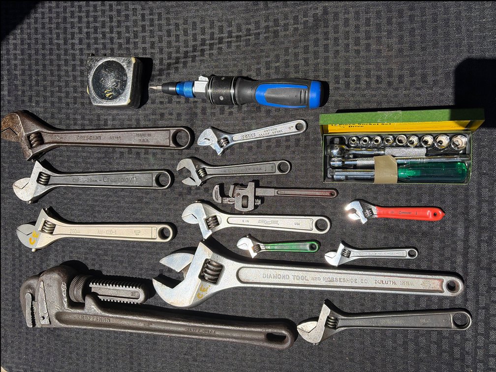 Various Crescent Wrenches & 1/4” Drive Sockets