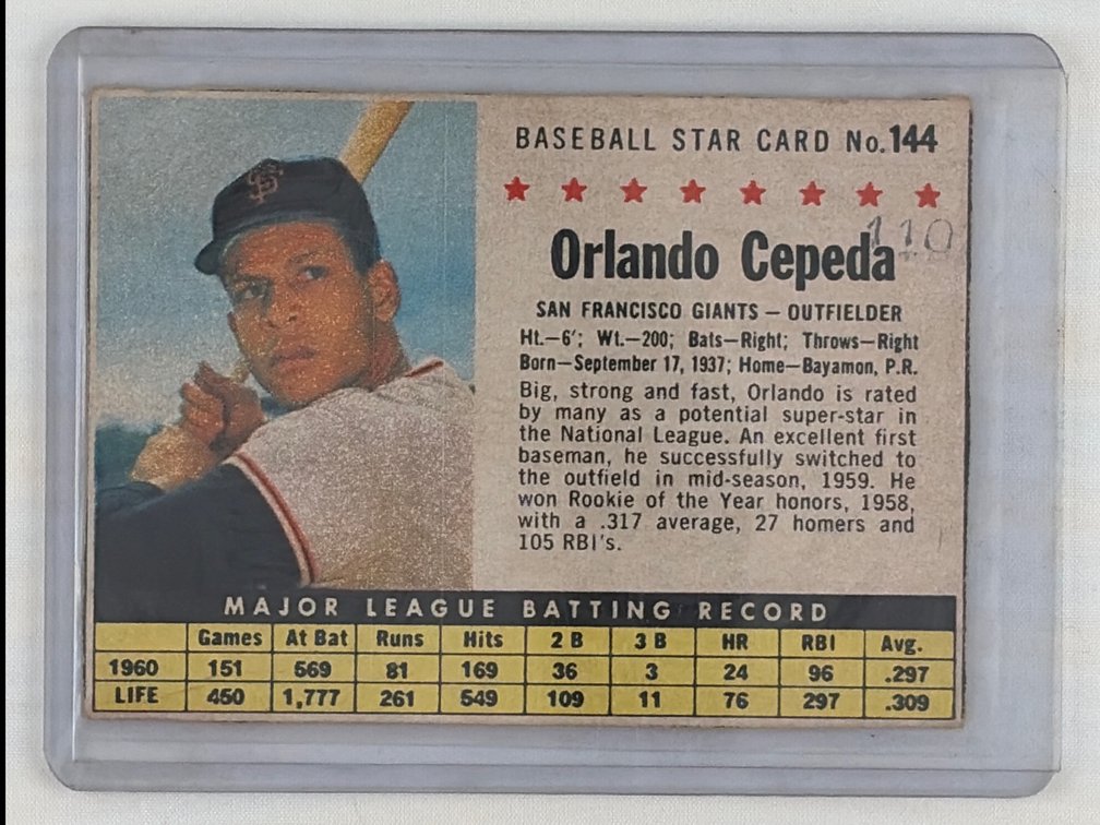 1961 Orlando Cepeda Baseball Card No. 144