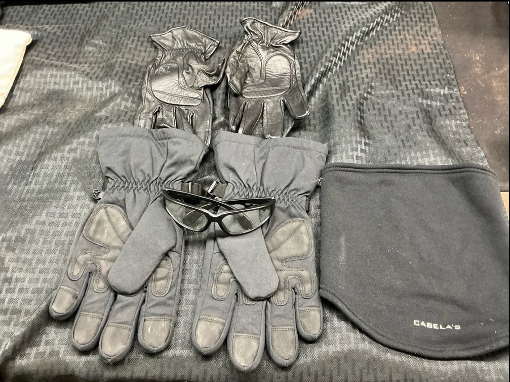 2 pair motorcycle gloves, sunglasses, neck wrap