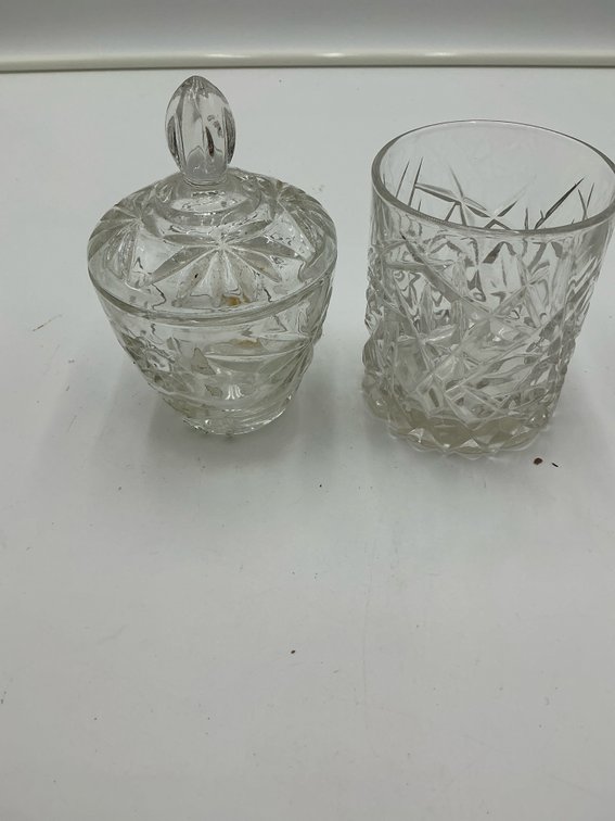 Cut glass 12 oz glass & Anchor Hocking sugar bowl