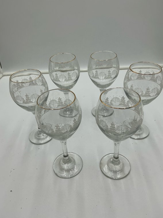 6 Gold trimmed, etched wine glass