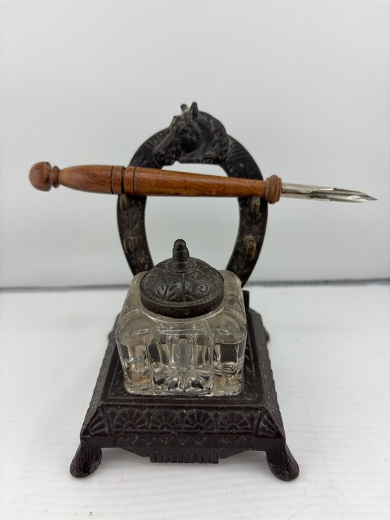 Horseshoe Inkwell Stand Pressed Glass Reservoir