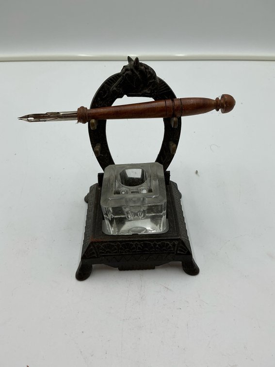 Horseshoe inkwell stand pressed glass reservoir