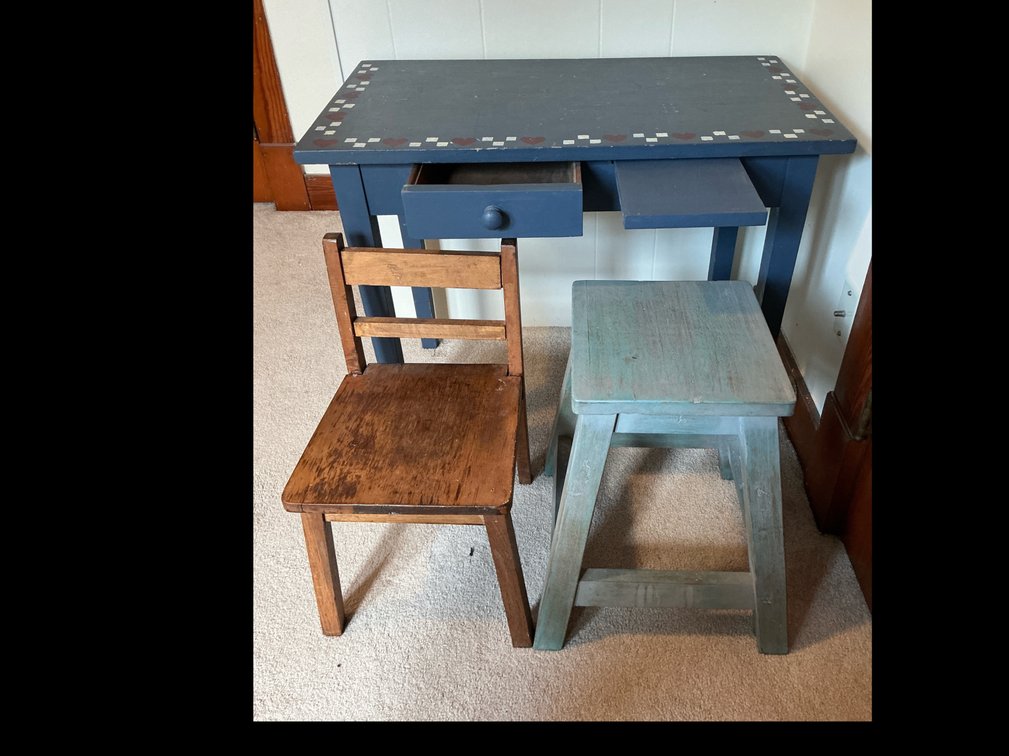 Painted wood desk, chair, painted wood stool
